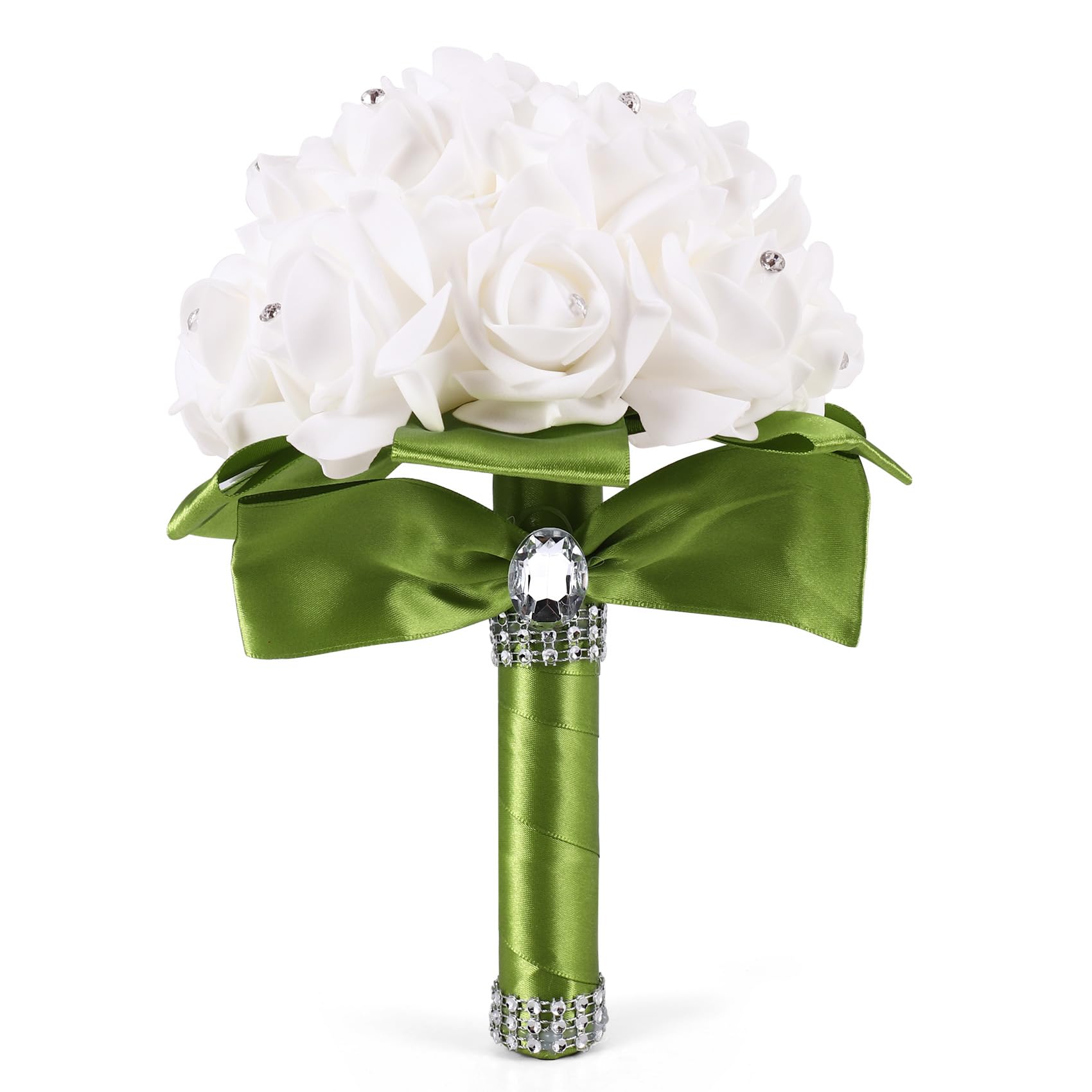 Yocdunm White/Green Beautiful Wedding Bouquet Bridal Bridesmaid Flower Wedding Bouquet Artificial Flower Rose Bouquet Bridal Bouquets- Ribbon