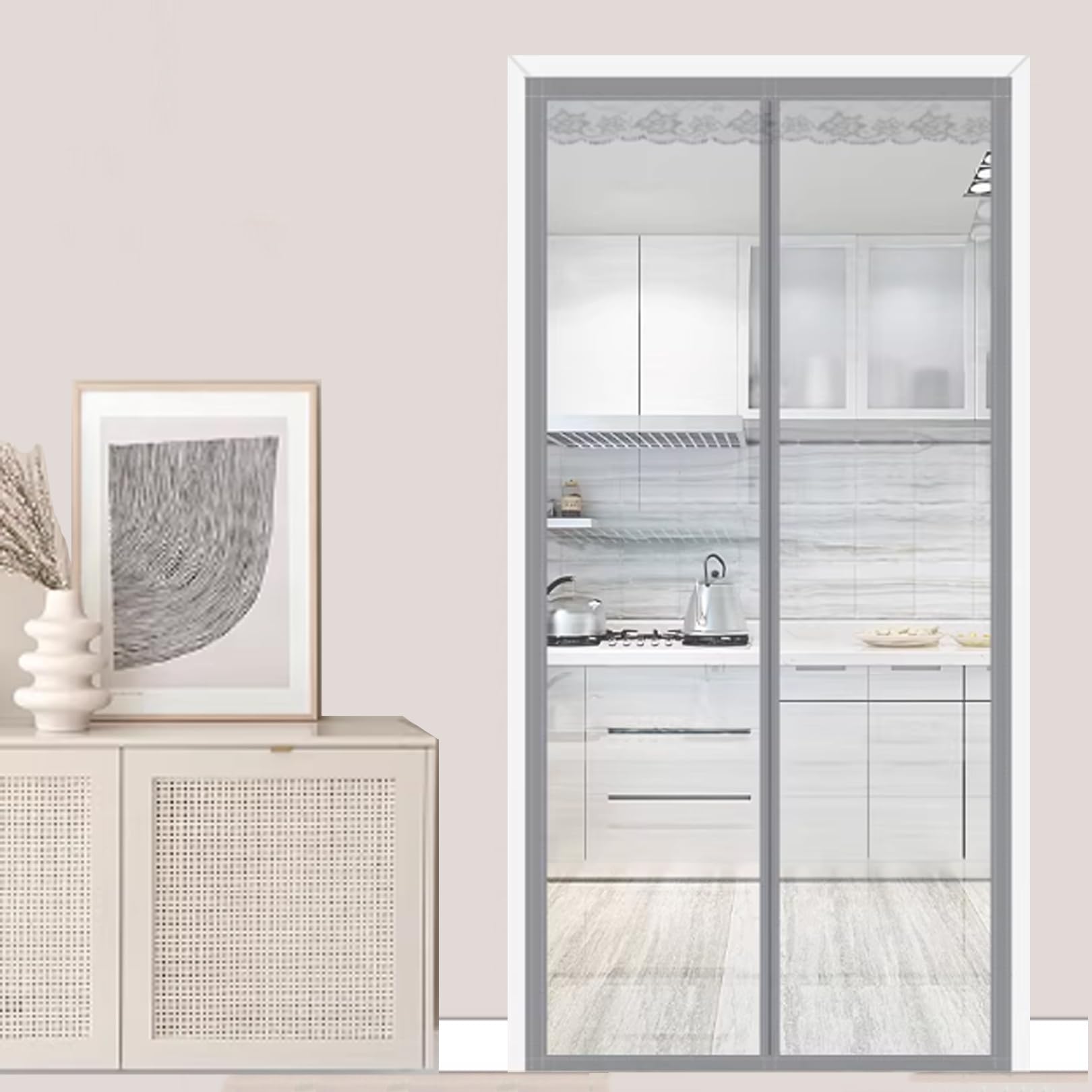 Rideau de porte isolant thermique magnétique transparent gris 200x225cm sans perçage pour hiver