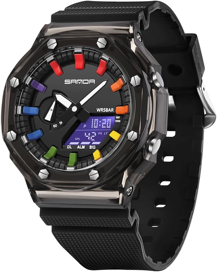 Unisex Digital Sports Watch 5ATM Waterproof Multifunction Tactical Analog-Digital Watch with Stopwatch, Alarm, LED Backlight, Transparent Strap - Image 2