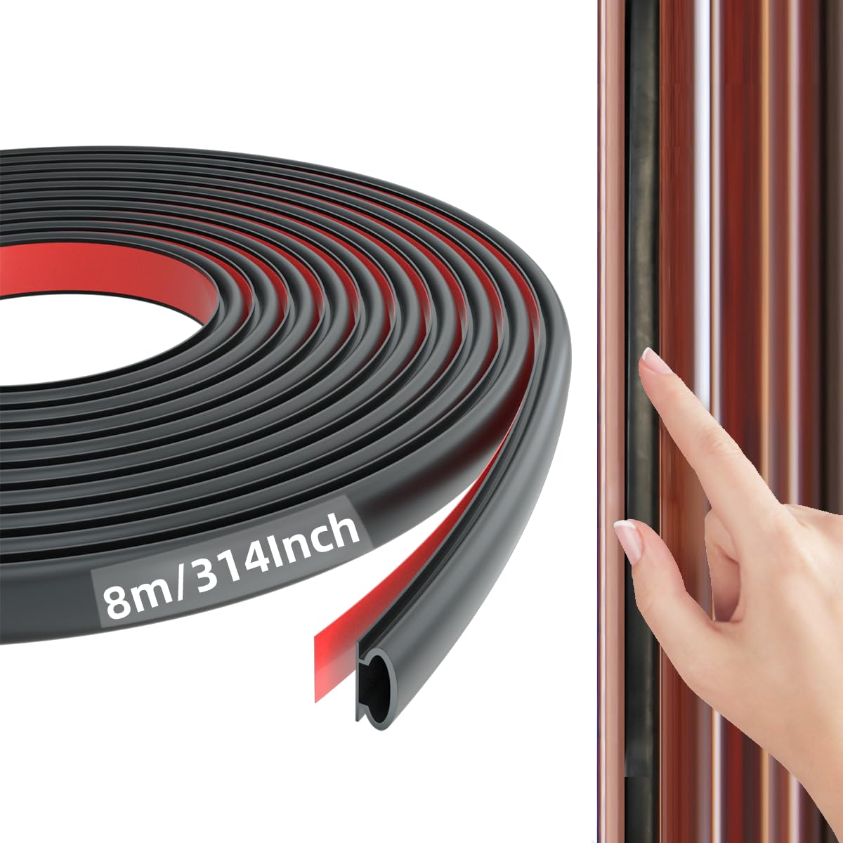 8M Black D-Shape Rubber Weather Stripping Door Seal Strip Draught Excluder for Doors,Self-Adhesive Waterproof Soundproof Door and Window Seal,Door Draft Excluder Strip for Large Gap Door Frames