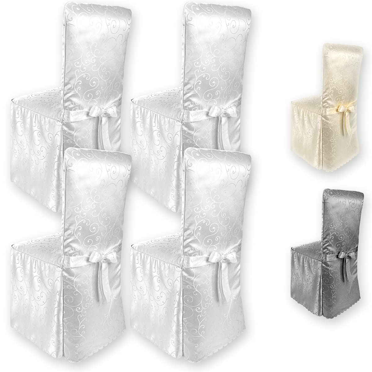 Gräfenstayn® 4pcs coprisedia Sofia con motivo jacquard e fiocco integrato - diversi colori per schienali di sedie rotonde e quadrate - adattamento universale (Bianco)