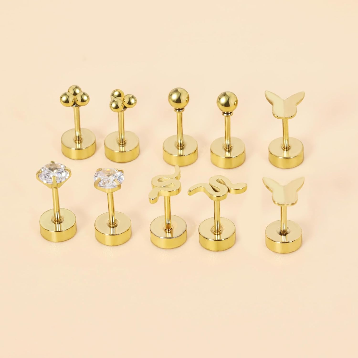 Screw Back Earrings for Women,14K Gold Flat Back Stud Earrings Hypoallergenic Surgical Steel Small CZ Stud Heart Bar Bow Cartilage Earring Set for Tragus Helix Multiple Piercing - Image 7