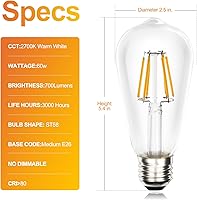 Vista 6 de Edison Bulbs 60 Watt Led, Led Edison Bulb, Vintage e26 Edison Bulb, ST58 led light bulb,Warm White 2700k, 80CRI, 700 Lumen, Edison Bulbs for Home, 6
