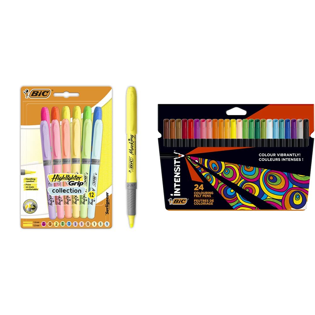 BIC Highlighter Grip Marcadores de Punta Biselada Regulable - Colores en Tonos Intensos y Pastel, Pack de 12 + Intensity, Rotuladores de Punta Fina (0.9 mm) para Colorear