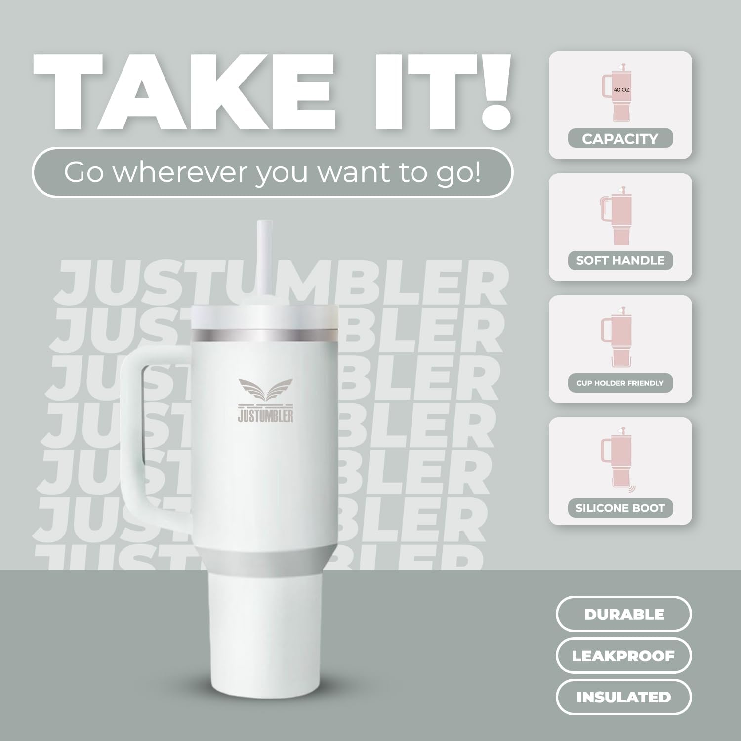 40 Oz Insulated Tumbler with Handle and Straw, Stainless Steel Coffee Travel Mug with Lid, Leak Proof Water Bottle with Accessories, Frost - Image 3