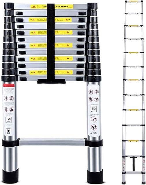 NAIMP 3.8M Telescopic Ladder, 12.5ft Multi-Purpose Folding Aluminium Telescoping Ladder Extendable Portable Loft Ladder Extension Foldable Ladder with EN131, 150kg/330lb Capacity, 13 Steps Ladders