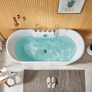 WhirlWell 63x29.5 in. Freestanding Bathtub with Faucet Set and Central Drain, White Acrylic Oval Soaking Tub, Compact Modern Design with Deck-Mounted Faucet and Hand Shower