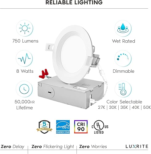 Miniatura 7 de LUXRITE Iluminación empotrable LED ultrafina de 4 pulgadas, 10.5 W, 5 colores seleccionables, 2700 K, 3000 K, 3500 K, 4000 K, CRI 90, 750 lúmenes,
