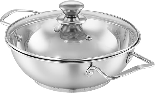 Amazon Brand – Solimo Stainless Steel Kadhai with Glass Lid | 20 cm | Induction & Gas Stove Compatible | Rust-Resistant | Easy to Clean