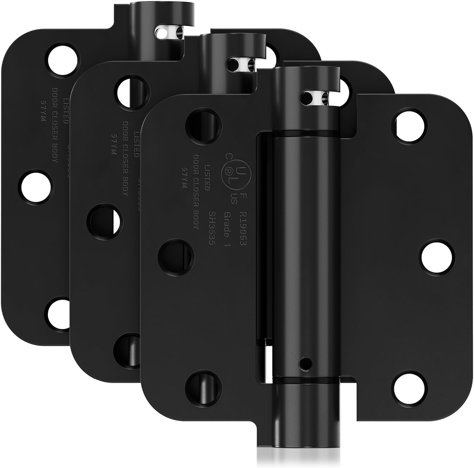 3 Pack Self Closing Door Hinges, 3.5 Inch Spring Loaded Door Hinges for Garage, Front, Back Door, Left/Right Hand, Adjustable Tension, 5/8'' Radius Corners, UL Listed, Black