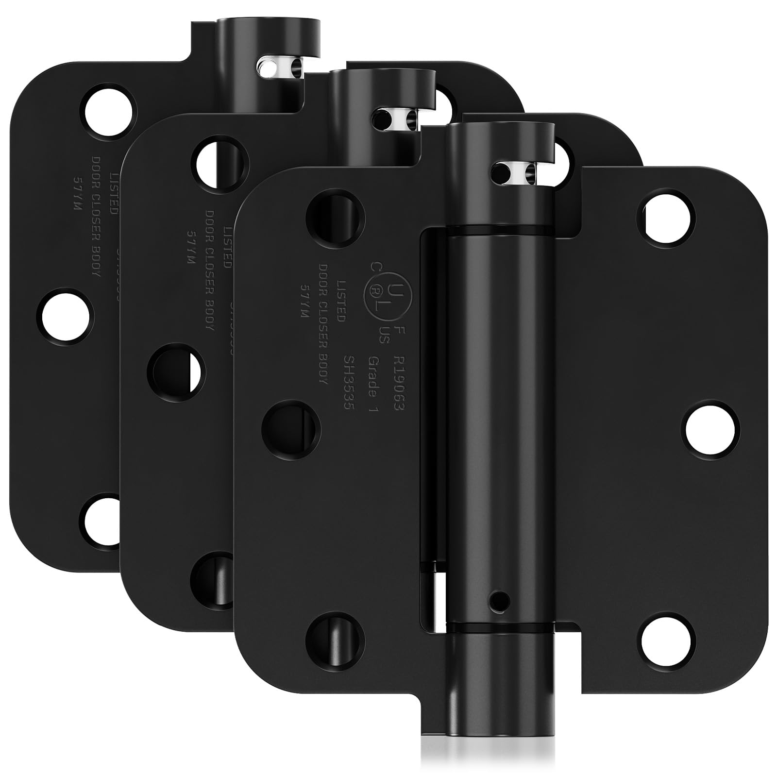 3 Pack Self Closing Door Hinges, 3.5 Inch Spring Loaded Door Hinges for Garage, Front, Back Door, Left/Right Hand, Adjustable Tension, 5/8'' Radius Corners, UL Listed, Black