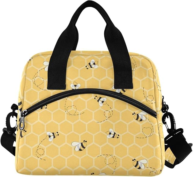 TropicalLife Cute Yellow Bees Lunch Bag for Women Girls Men Portable Insulated Lunch Box Tote Bag with Shoulder Straps for Work School Picnic
