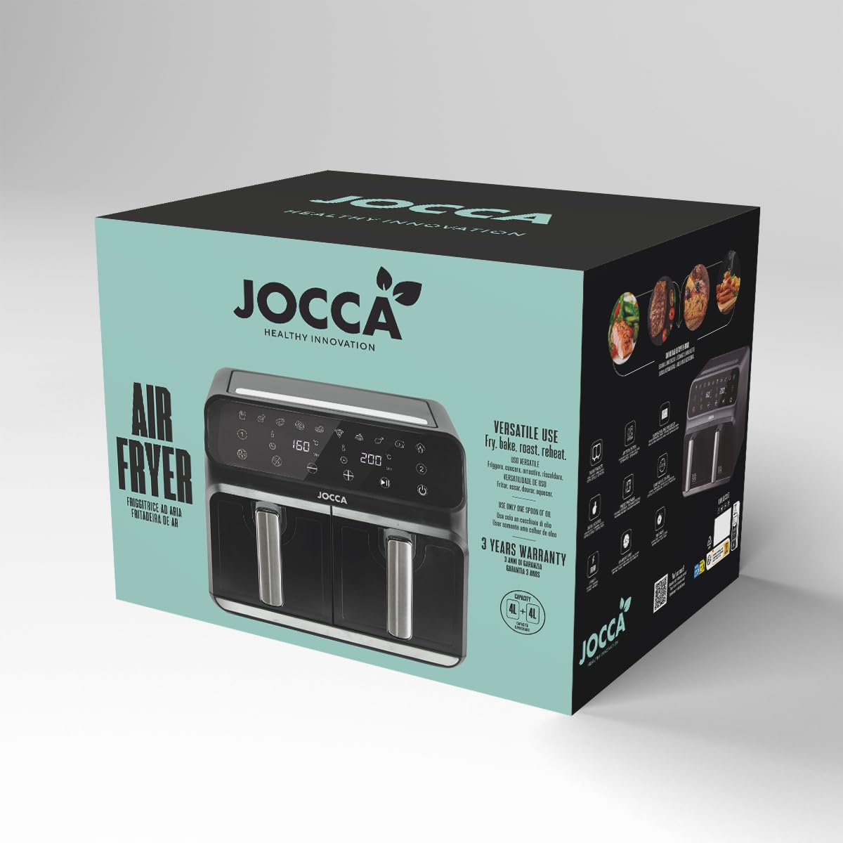 JOCCA - Freidora de Aire Caliente 8L| Freidora Sin Aceite Gran Capacidad| Air Fryer con 2 Cubetas 4L + 4L| Temporizador| Temperatura Ajustable| Cocina Sana| 1700W (Negro 4L+4L)