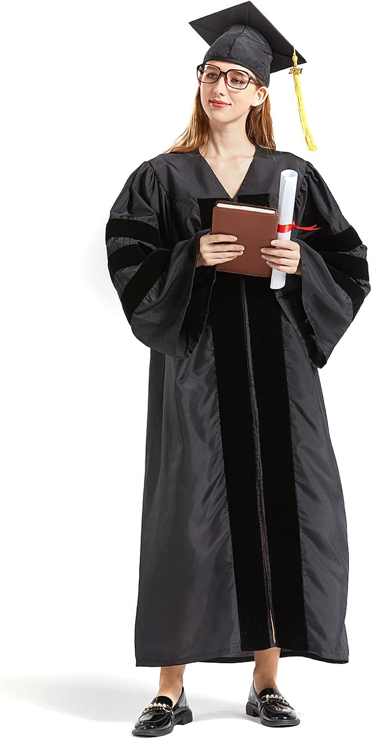 GRADWYSE Doctoral Cap and Gown 2024 Golden Tassel for PhD Graduates Faculty Common Fit Unisex Matte Unisex Black