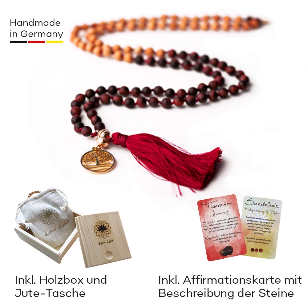 Tigereisen Edelsteinschmuck Mala Edelsteinkette Yoga Meditation Geschenk-Set mit Holzbox Jute-Täschchen Affirmationskarten LEBENSKRAFT Naturstein Sandelholz handgemacht in Deutschland