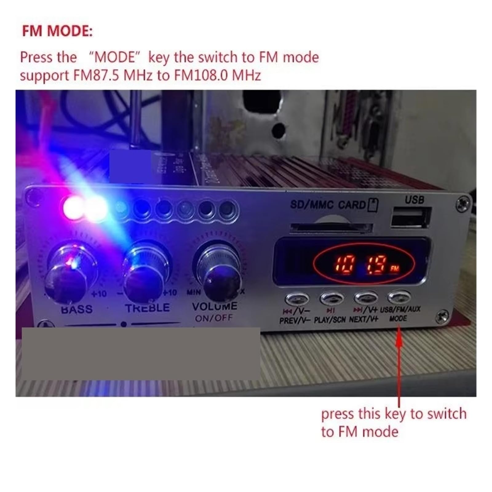 Wzmacniacz audio, DC12V Mini wzmacniacz Bluetooth Wzmacniacz słuchawkowy SD/USB Odtwarzanie radia FM z pilotem do samodzielnego montażu(Blauw)