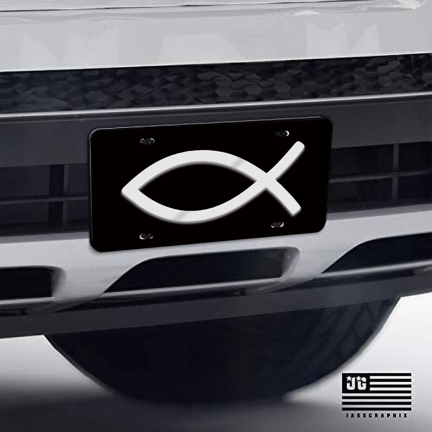 JASs GRAPHIX Premium 3D Christian Fish License Plate - 1/8” Thick Aluminum Composite & Mirror Acrylic Ichthys Emblem - Heavy Duty Front Vanity Plate - Weatherproof, Rust-Free, Made in USA