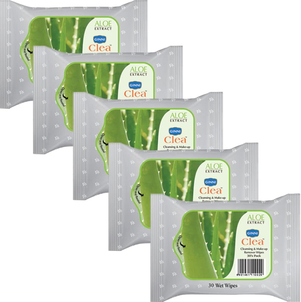 Ginni Clea Cleansing and Make-up Remover Wet Wipes Wet Tissues for Face Moisturizing, Gentle Purifying | Effortlessly Erase Makeup, Hydrate & Soothe Skin- Aloevera (Pack of 5-30 wipes per pack)