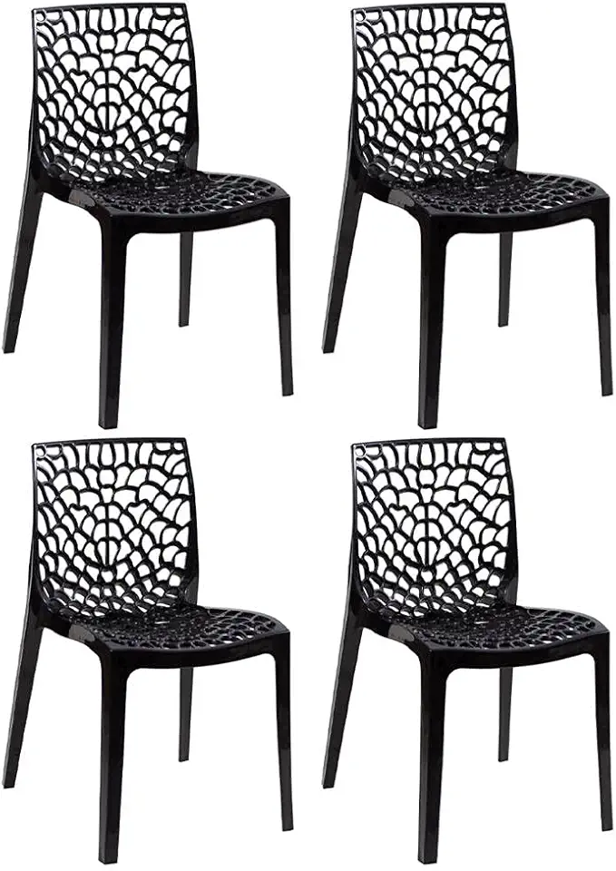 Loft7, Kit Conjunto 4 Cadeiras Gruvyer, Polipropileno com Encosto Moderna Versátil para Sala de Jantar Cozinha Bar Restaurante Jardim Varanda Cafeteria Shopping Salão de Festas, Preto