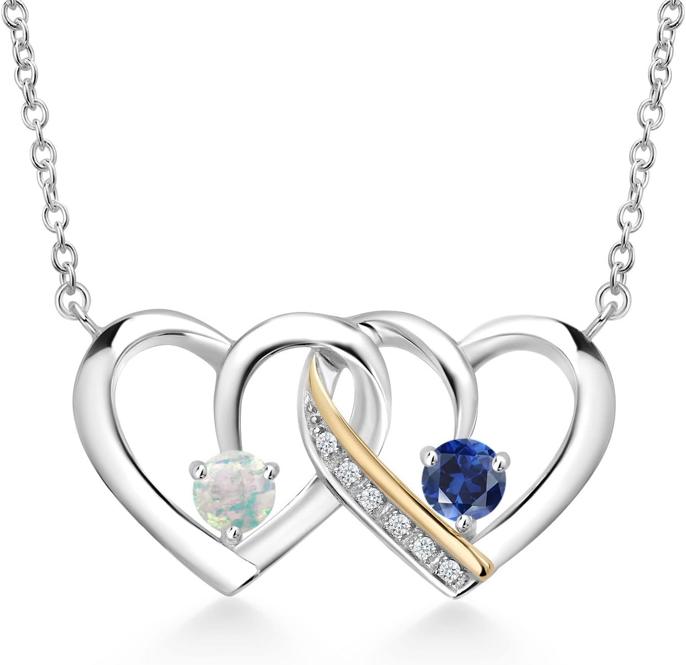 Gem Stone King 925 Silver and 10K Yellow Gold White Simulated Opal Blue Created Sapphire and Lab Grown Diamond Interlocking Heart Pendant Necklace For Women (0.53 Cttw, with 18 Inch Chain)