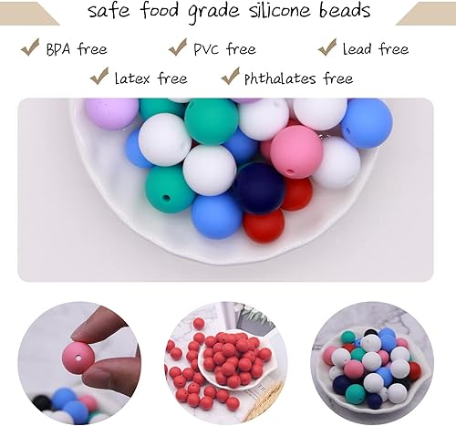 Miniatura 10 de APCGSM 100 cuentas de silicona, redondas de 0.591 in, color negro para hacer llavero, collar, pulsera, cordón