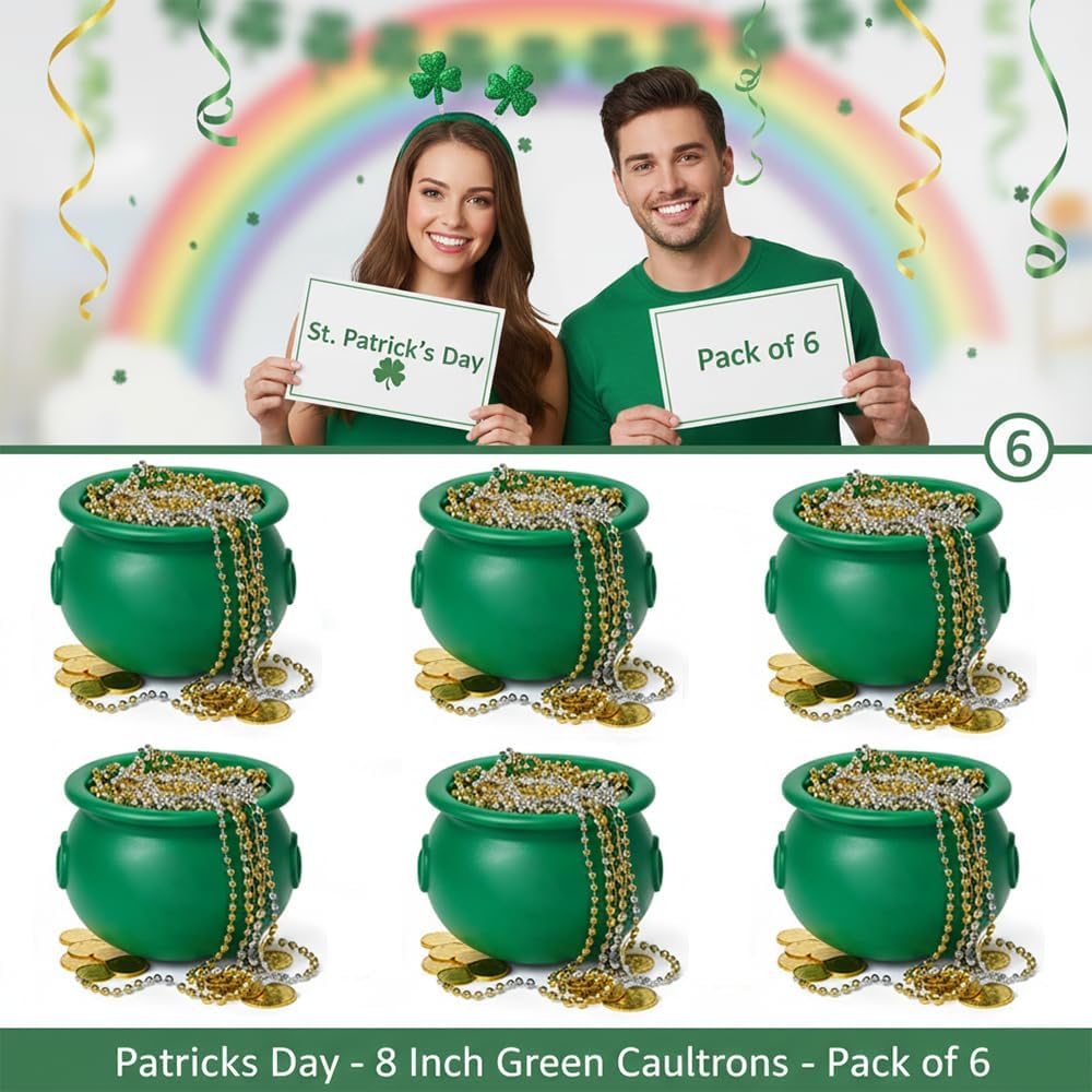PMU 6 Pcs 8" St. Patrick's Day Green Cauldron, Mardi Gras, Halloween, St. Patrick's Day Pot of Gold Bucket Party Decoration Supply Accessory (6/pkg)