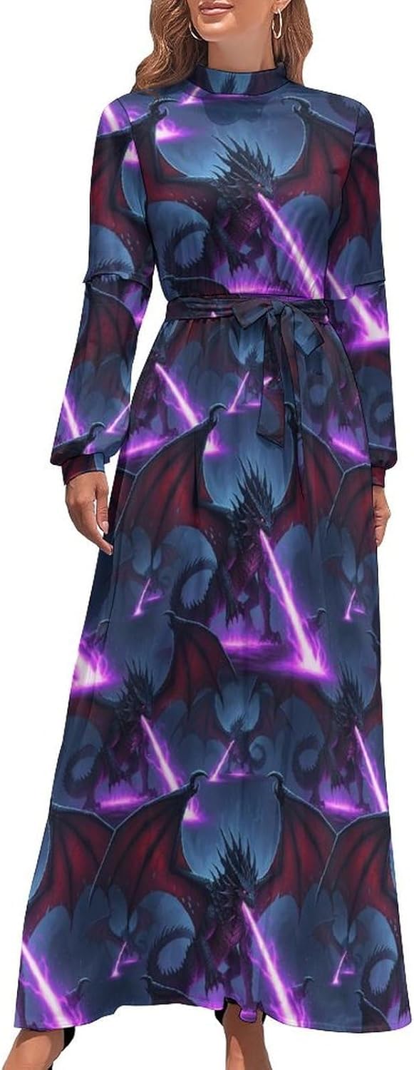 Modest Long Sleeve Maxi Dress Women's Mock Neck Tie Waist Flowy Dress for Daily Wear