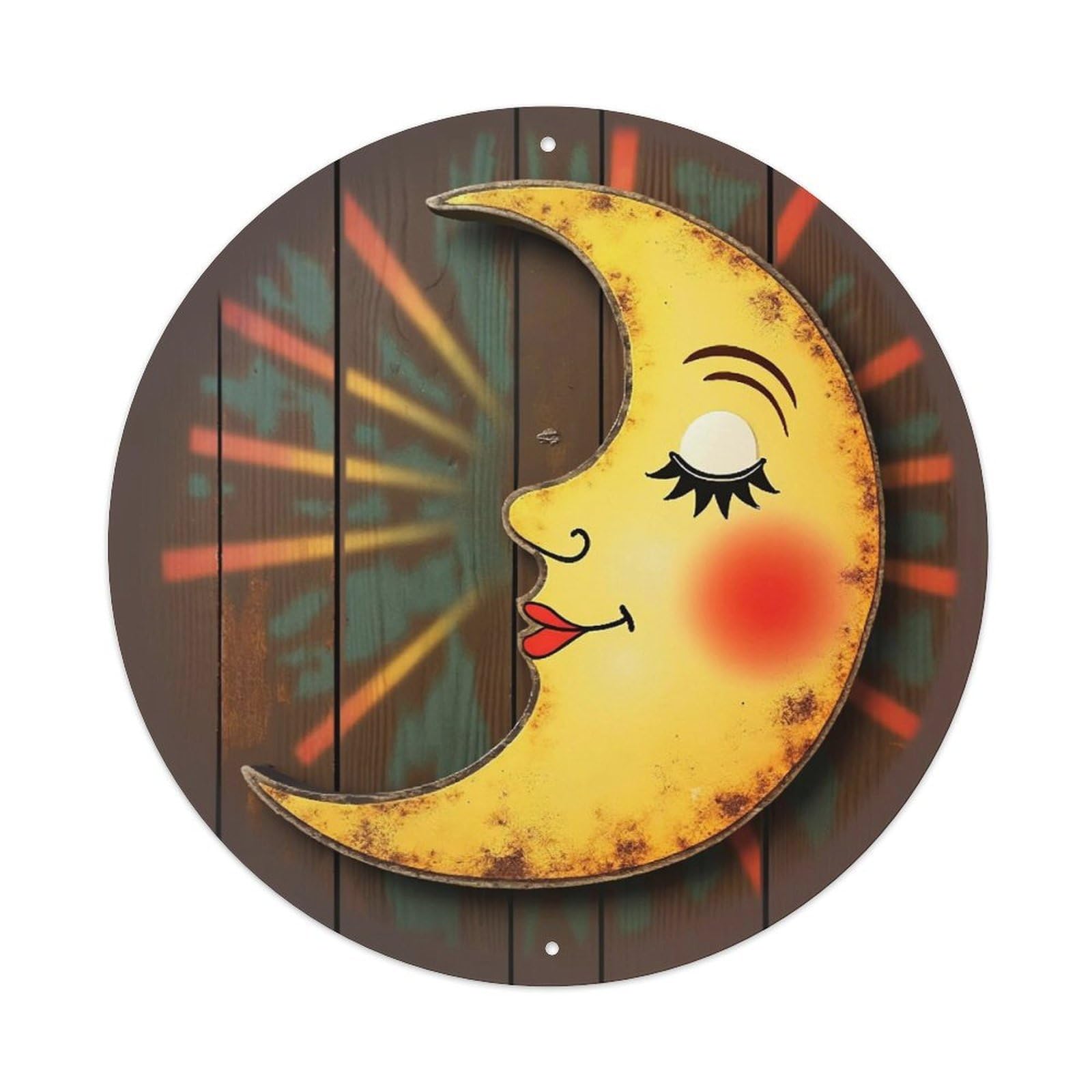 Crescent Moon Face With Eyes And Lips Vintage Round Tin Sign Retro Metal Wall Decor Metal Poster, Home Bar Garage Cafe Wall Art Decoration 8x8Inches