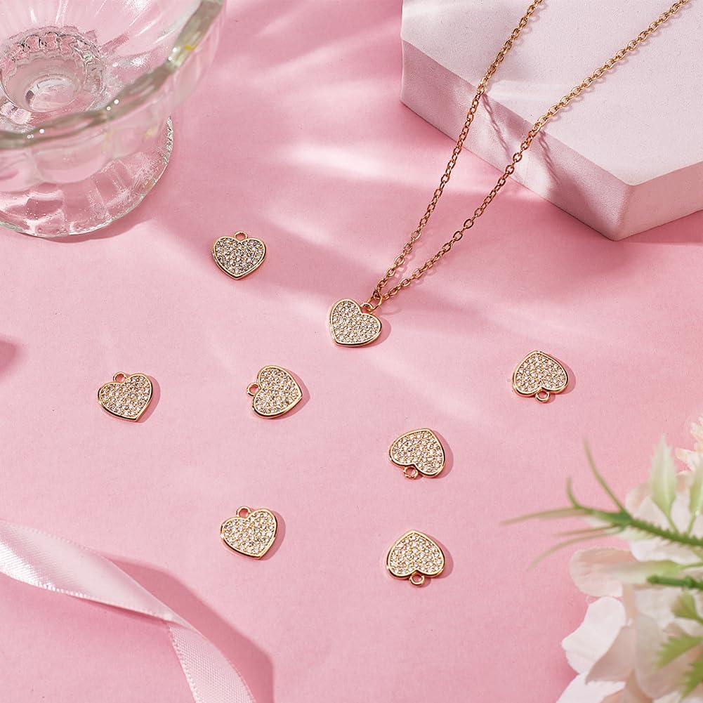 Beebeecraft 1 Box 8Pcs Cubic Zirconia Heart Charms 18K Gold Plated Brass Crystal Flat Love Shape Charm for Jewelry Making DIY Valentine's Day Gifts