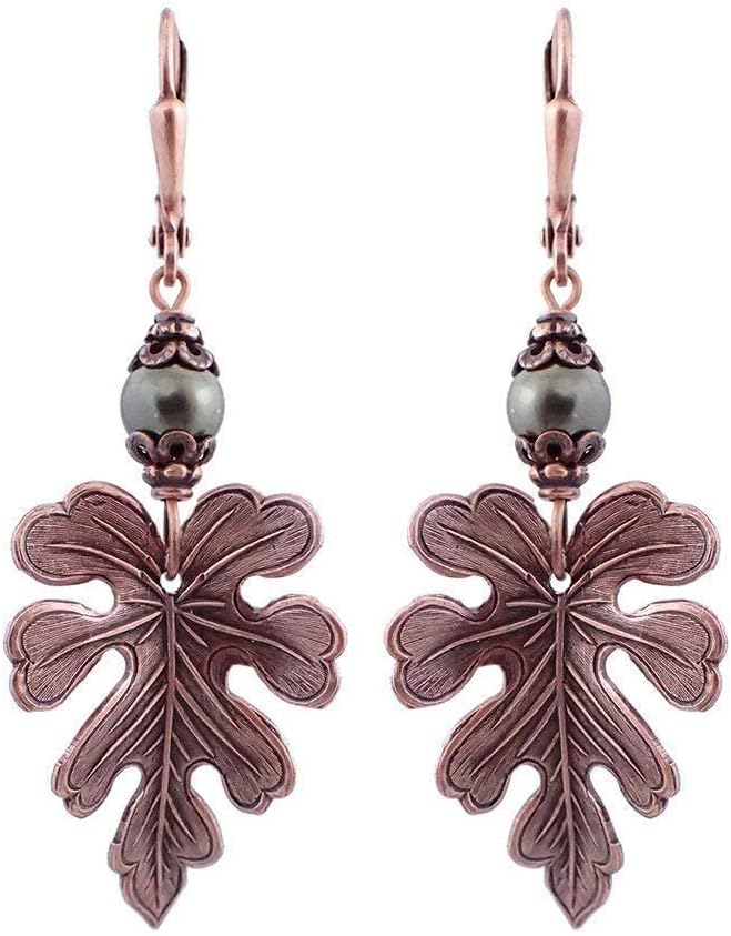 Dark Green and Copper Colored Oak Leaf Lever-Back Earrings