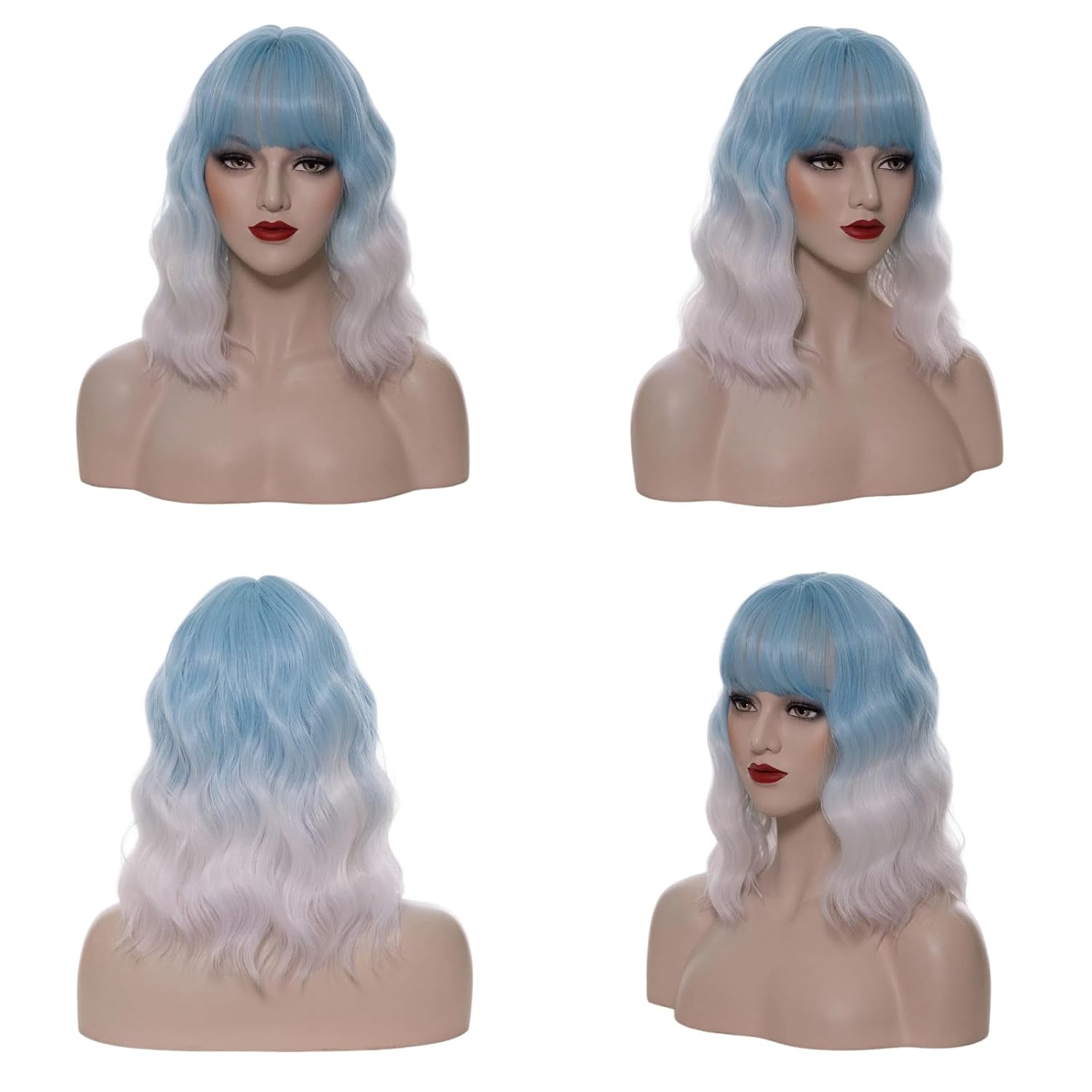 Cying Lin Short Bob Wavy Curly Wig Light Blue Ombre White Air Bangs Wig For Women Cosplay Halloween Wigs Heat Resistant Bob Party Wig (Light Blue Ombre White)