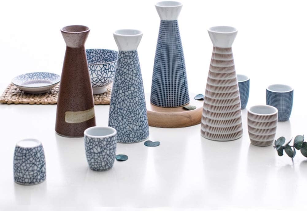 Sake Set of 5 Pieces Japanese Style Traditional Retro Porcelain Crafts (Color : Brown Taiji Pattern) (Blue Ice Crack) (Brown Circle Pattern)
