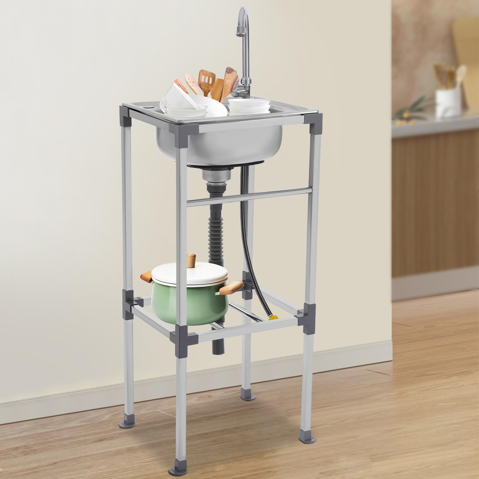 Fregadero independiente de acero inoxidable Fregadero comercial con grifo de agua fría, fregadero de baño, lavabo, baño, baño, baño, baño, cocina, empotrable, fregadero de cocina, instalación de plata