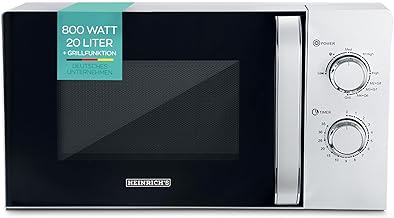 Heinrich's Microwave, Compact Microwave, 20 L Volume, 9 Power Levels, Includes 35 Min. Timer, Defrost Function, Interior Lighting, 360° Turntable with Grill Function, 800 W Power, Silver)