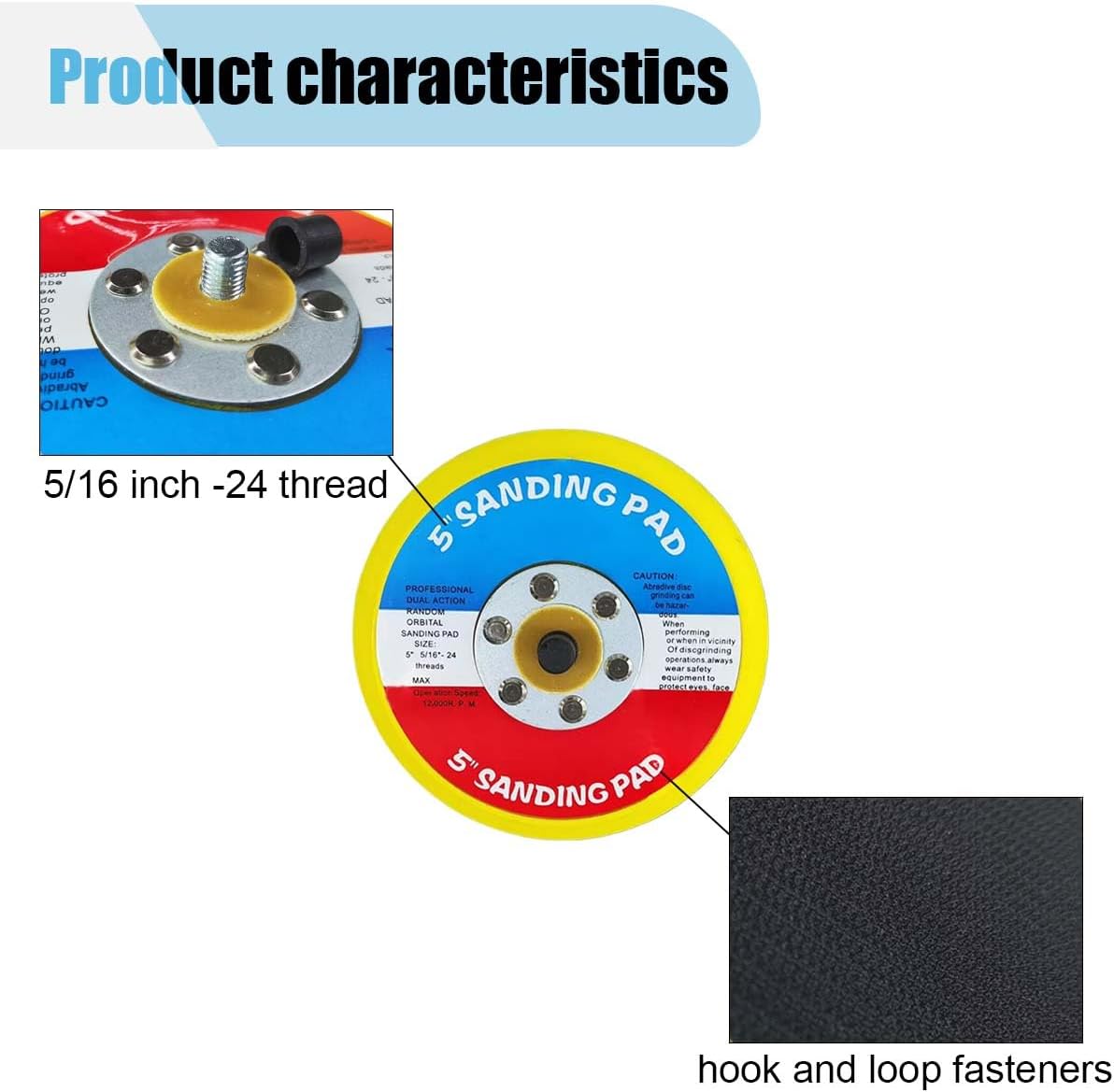 2 PCS 5" Hook and Loop Backing Pads, Dual Action Sanding Pad, 5/16" Arbor 24 Thread Polisher Backing Pad for Air Orbital Sander, 12000RPM Sanding Pads for Finishing Polishing Buffing