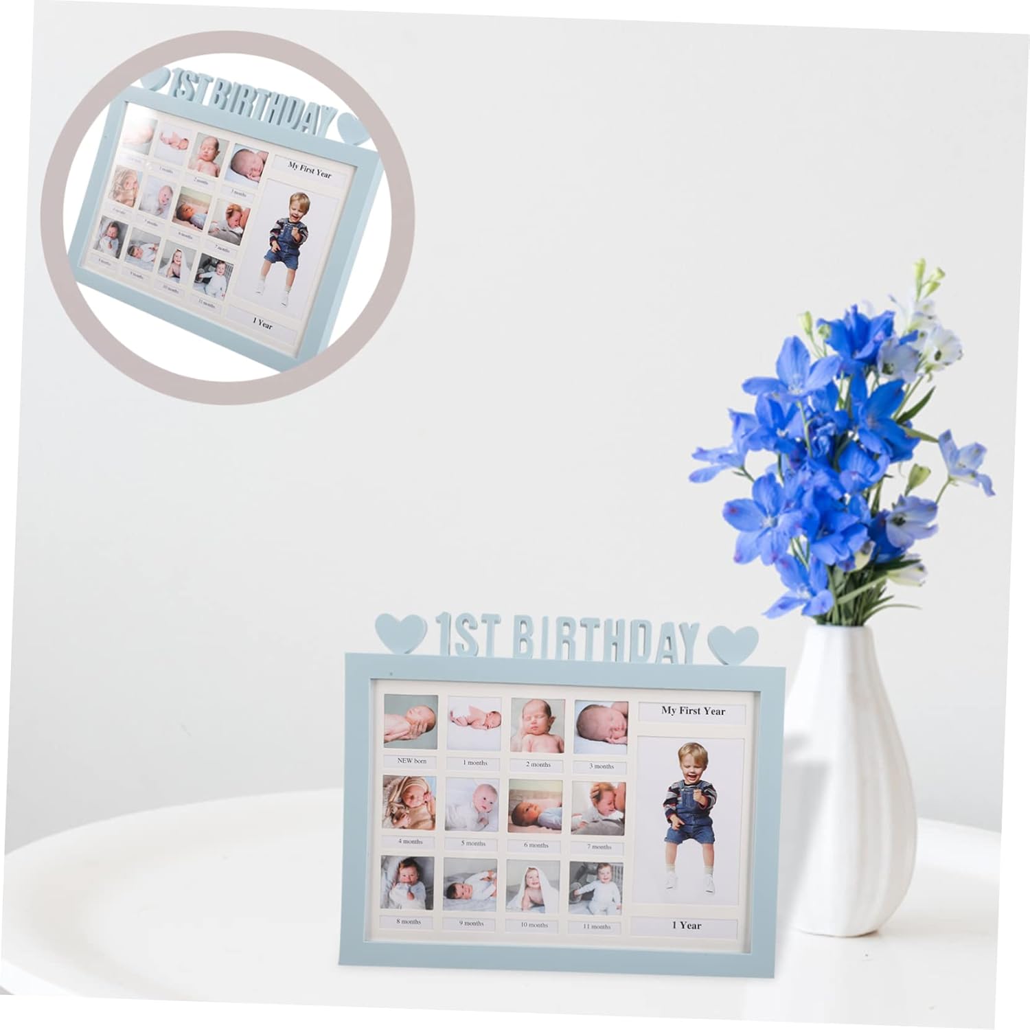 Birthday Picture Frame for Boys Creative Month Milestone Photo Frame Blue Keepsake Organizer Tabletop Display for Nursery and Living Room Holds Monthly Photos