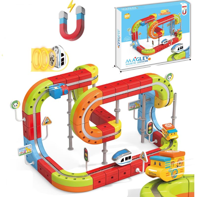Magnetic Railcar Clickrail Elektrik Tren Seto med Rechargeable Motorized Tren and Roads Signs (98 PCS) for Child Brain D