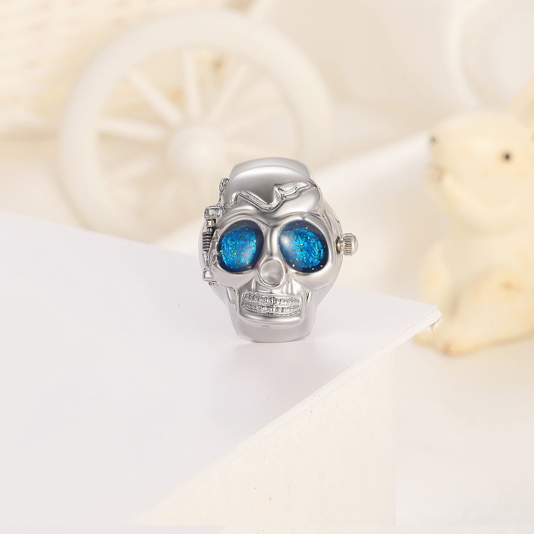 JewelryWe Mężczyźni kobiety zegarek na palec punk czaszka otwierana pokrywa kwarcowy analogowy regulowany pierścień zegarki na Halloween
