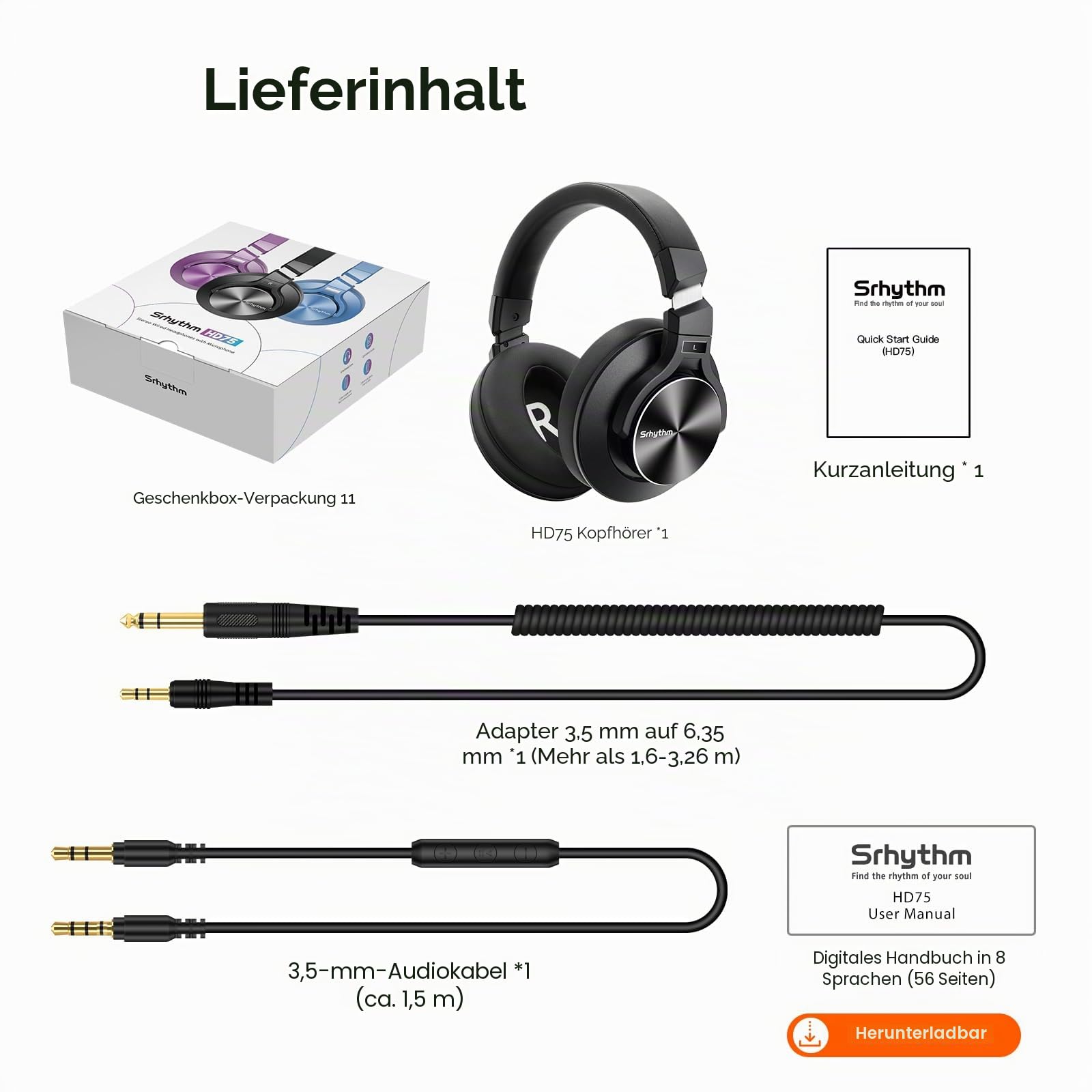 Srhythm HD75 Kabelgebundener DJ-Kopfhörer für Studio/Party/Guitar
