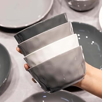 Premium Black White Grey Ceramic Dinnerware Set, 12-40-Piece Porcelain Tableware Set, Includes Bowls Plates Spoons, Home Kitchen Dining Dish Set, Elegant Luxury Ceramic Bowls Plates Spoons
