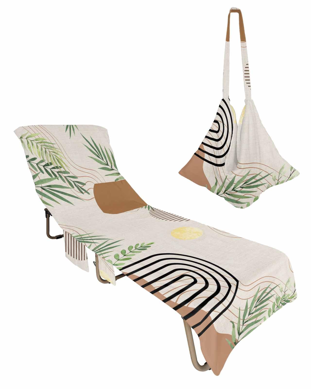 Boho Leaves Beach Chair Towel Covers for Chaise Lounge with Side Pocket, Soft Plush Pool Towels Cover for Patio Sunbathing Outdoor 29''x85'' Abstract Geometric Vintage Brown Black