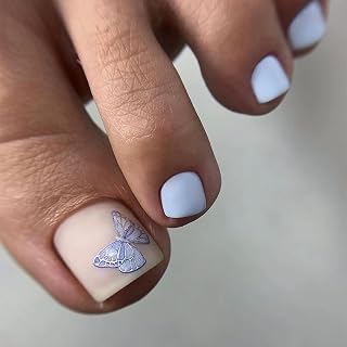 Butterfly Press on Toenails Short Square Fake Toe Nails Summer False Toenails with Design Full Cover Glue on Toenails Baby Blue Acrylic Toe Nails Reusable Stick on Toenails for Women Girls 24Pcs