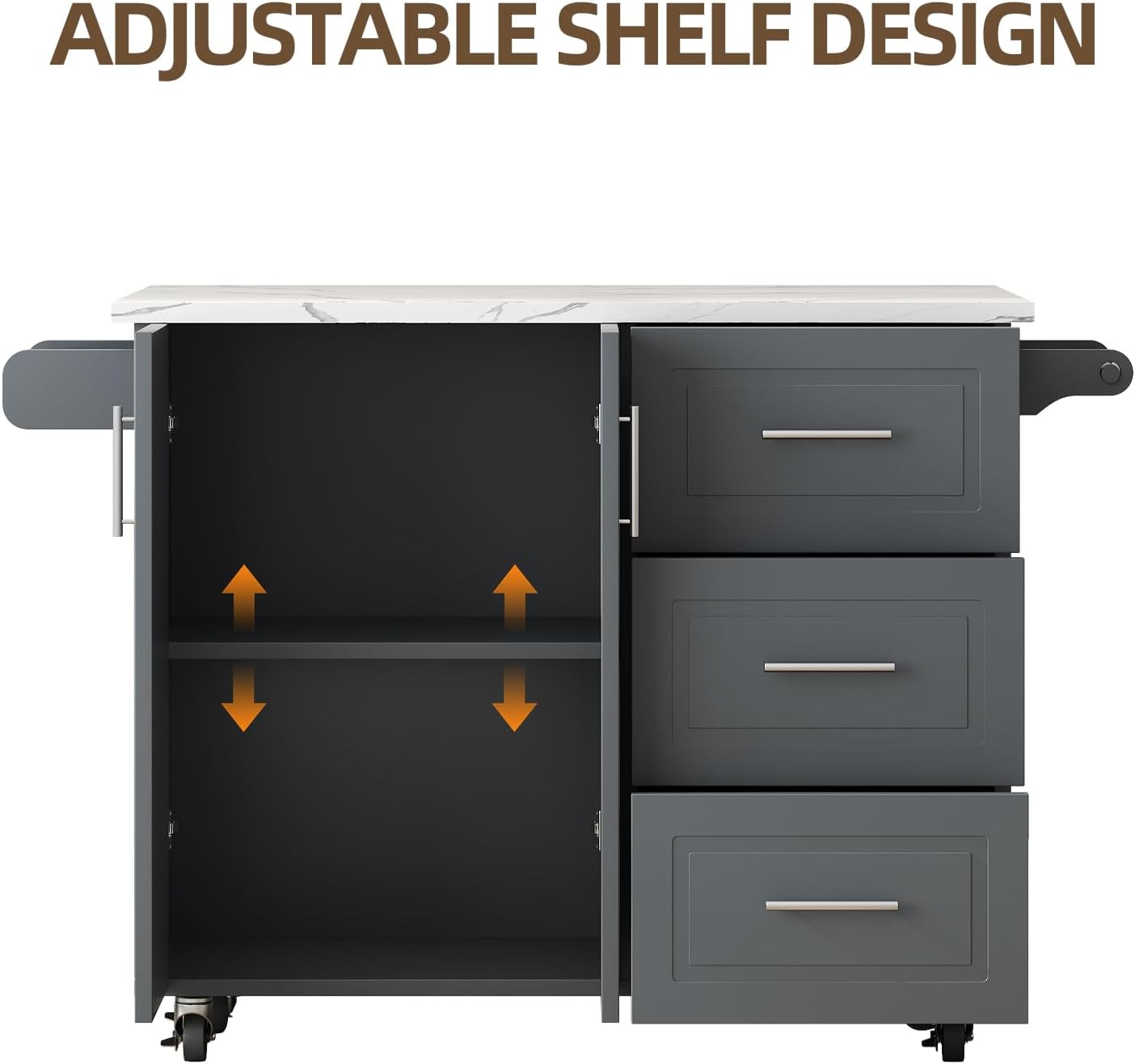 4 EVER WINNER Kitchen Island on Wheels with Storage and Drop Leaf, Marble Tabletop, 43" Kitchen Island Cart with Towel Rack & Spice Rack, Rolling Islands cart for Kitchen, Gray