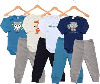 Kit Roupa de Bebe 8 Peças Body Manga Longa e Calça Mijão 100% Algodão fio 30 penteado Premium Menino ou Menina (M, Menino)