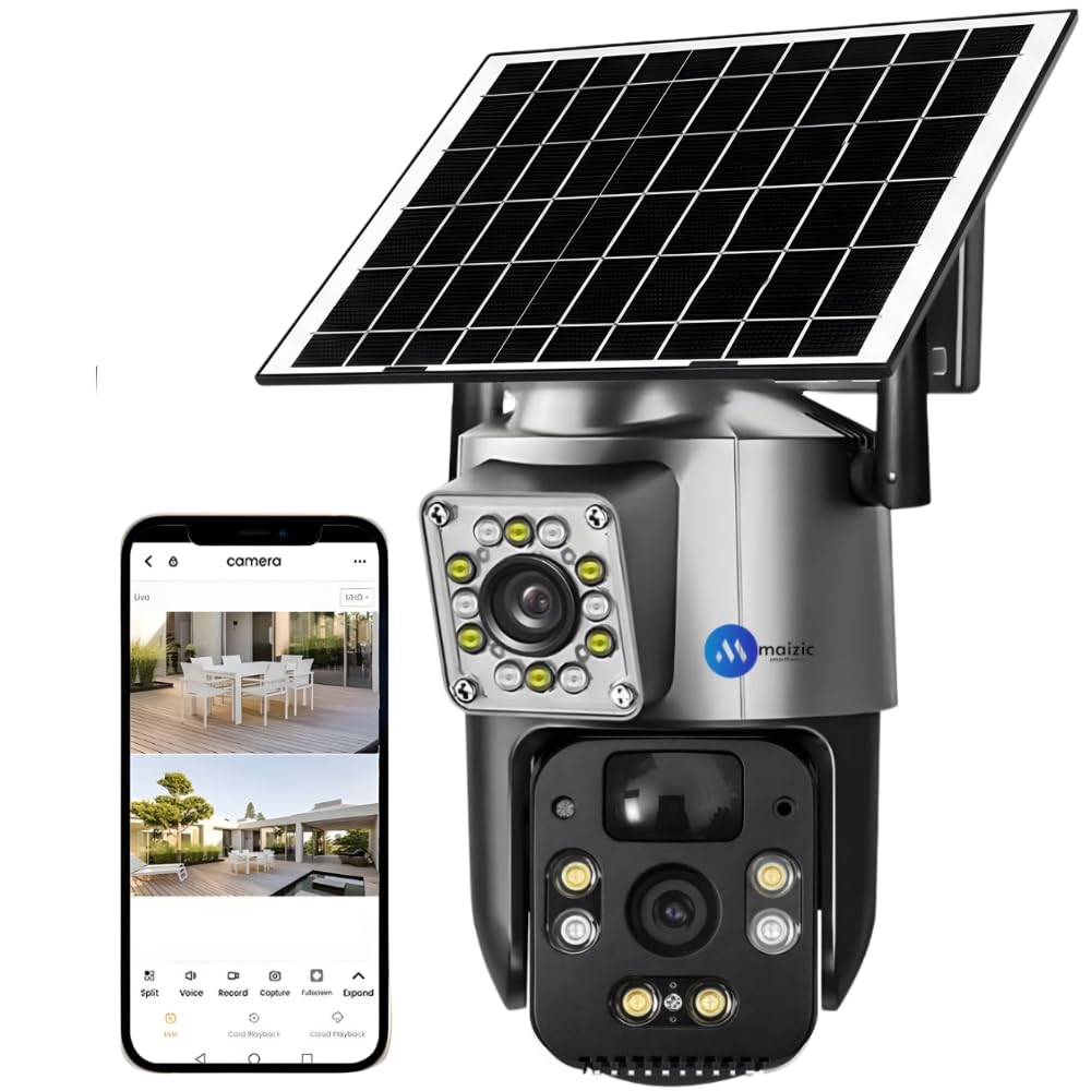Maizic Smarthome 5+5MP 4G SIM Solar Dual Lens Outdoor CCTV Camera | No WiFi | No Electricity | Dual Screen | Color Night V