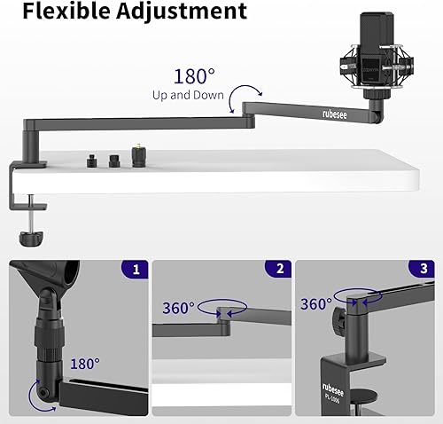 Miniatura 4 de Brazo de micrófono de perfil bajo, brazo de micrófono ajustable rubesee con abrazadera de montaje de escritorioadaptador de tornilloclip de