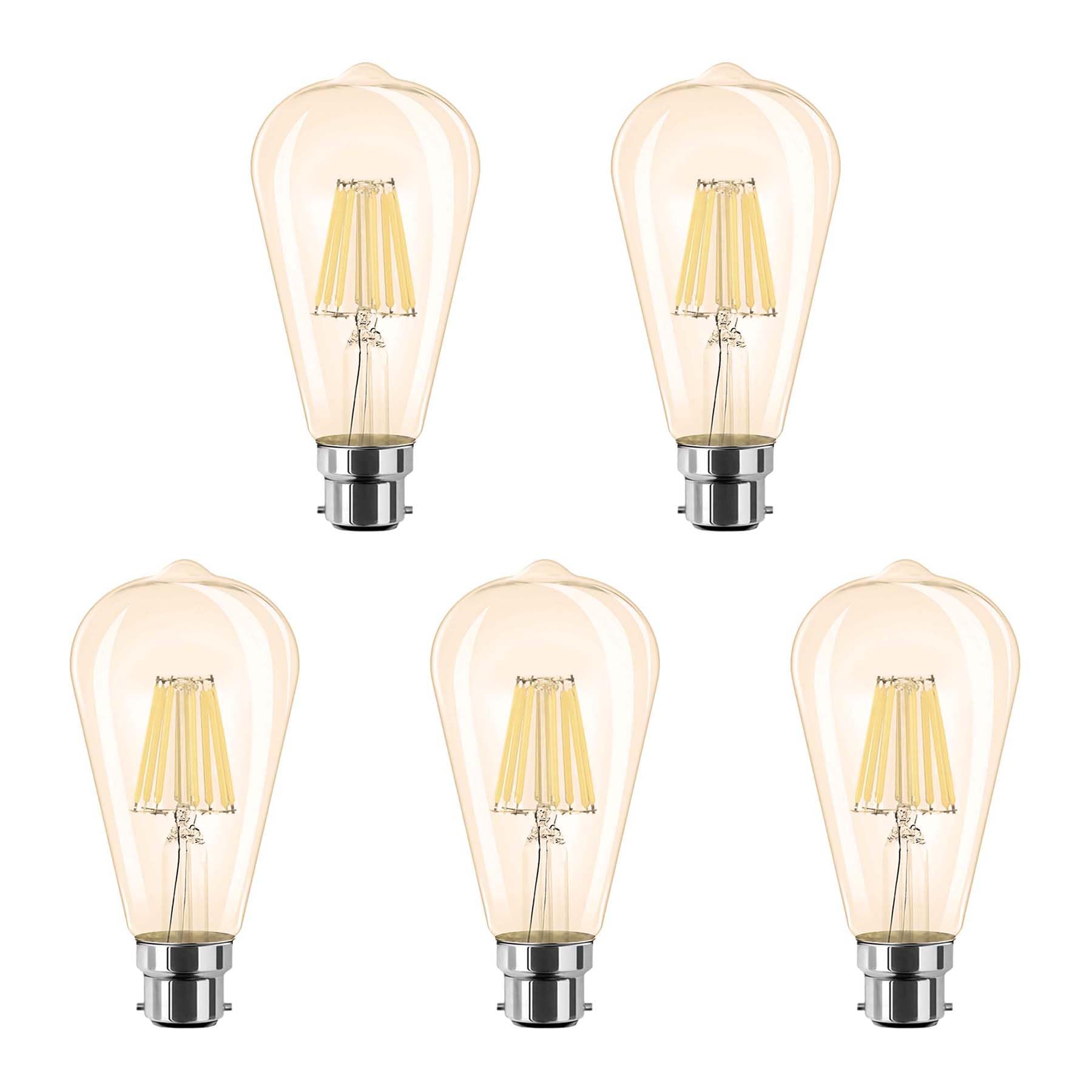 G.W.Sยฎ LED Filament Bulb, ST64 B22 Bayonet, LED Pear Bulb, 8W Dimmable Warm White 2700K, Amber Glass, Pack of 5
