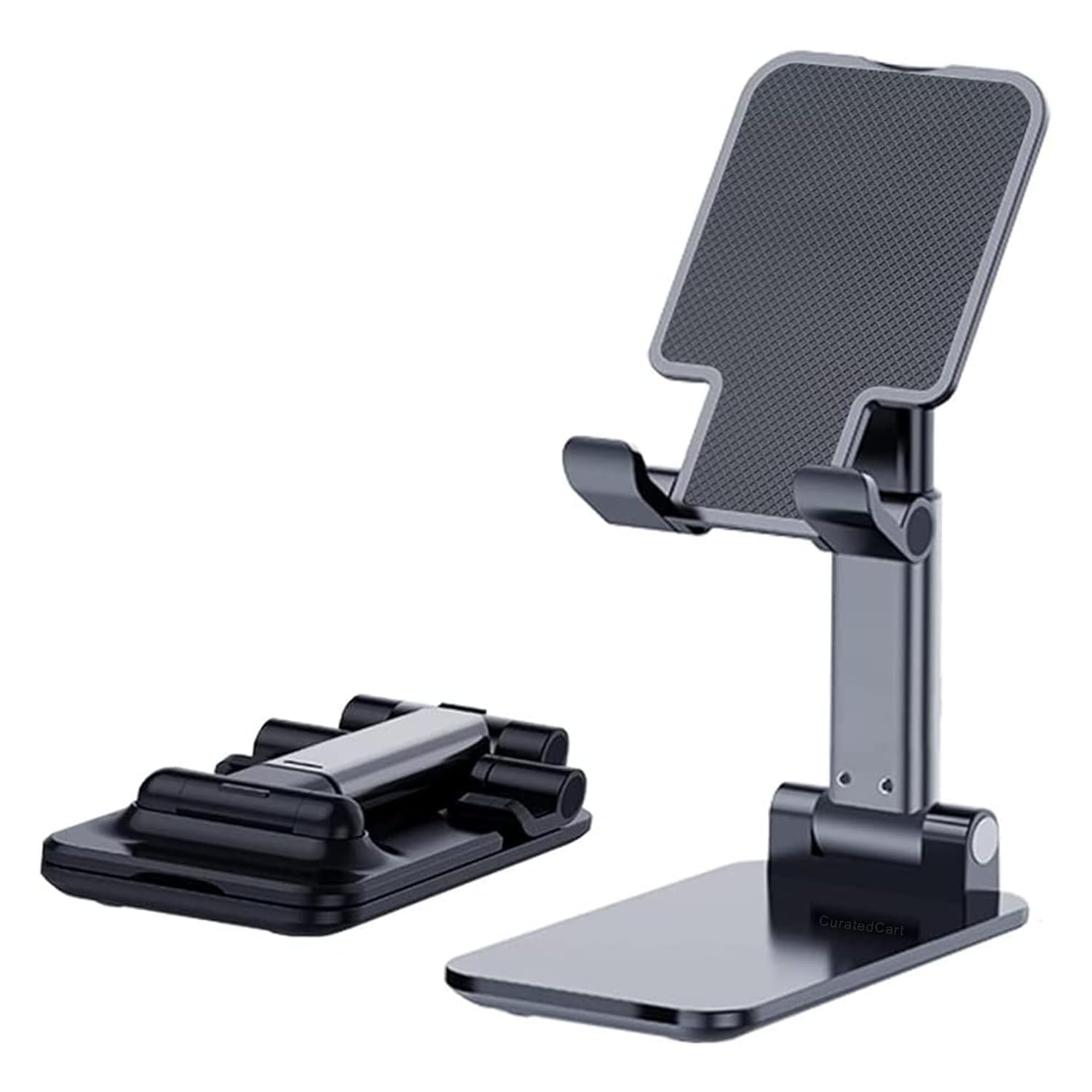 CURATED CART Cell Phone Stand, Angle Height Adjustable Cell Phone Holder with Silicon Pad for Desk Fully Foldable Mobile Phone Holder Compatible with All Mobile Phones, MT-6 (Black)