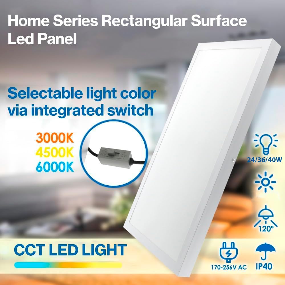 M Ledme - Plafon Superficie Panel LED 60X60cm 40W, Con Selector de Color Blanco Calido, Neutro o Frio (CCT), 4000 Lumenes, Luces led para cocina o habitación, Driver incluido.