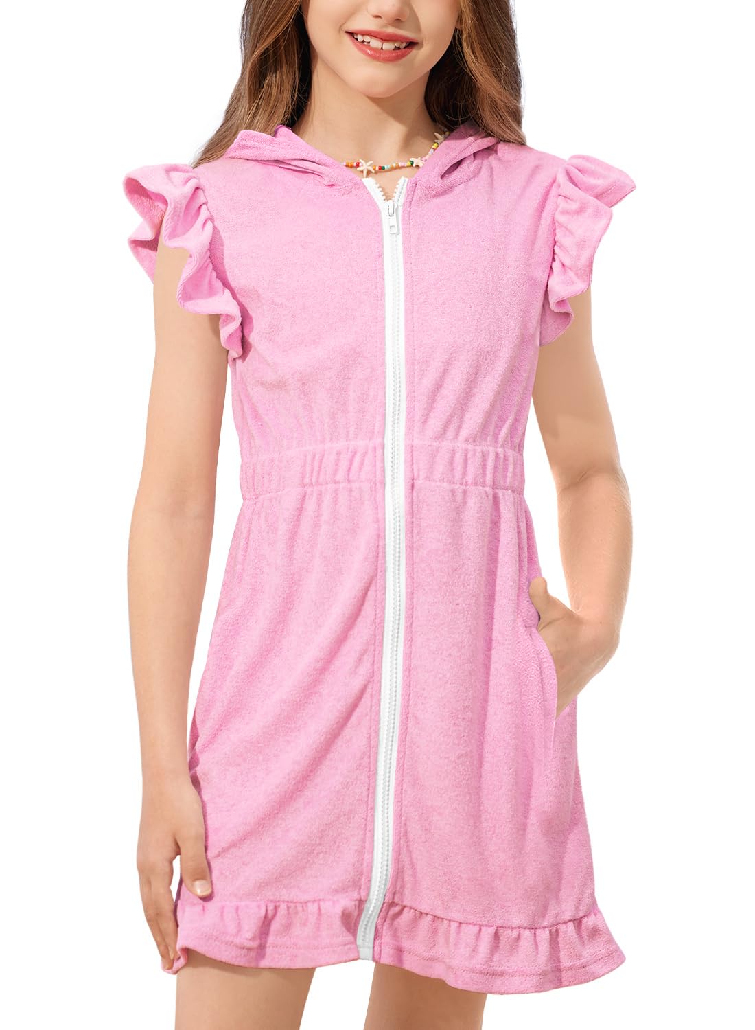 BesserBay Vestido de verano para niñas, con volantes, cremallera y capucha, cintura elástica, secado rápido, para 4 a 12 años